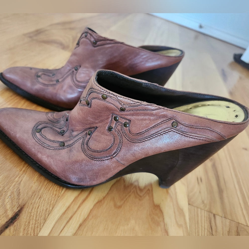 Vintage Western Leather Wedge Mules